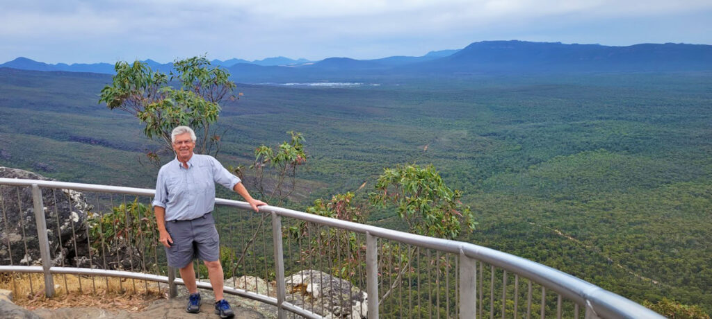 Man posing at Reed Overlook, Grampians, Australia