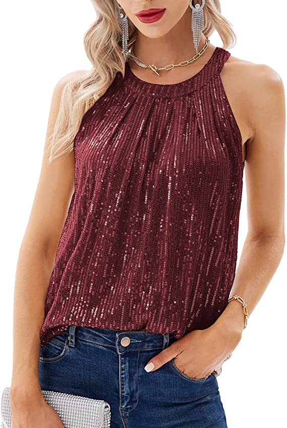 A woman wearing a burgundy sequin halter-style top.