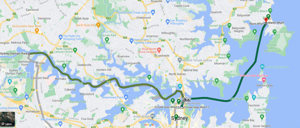 Map of the ferry route from Olympic Park to Circular Quay and then to Manly