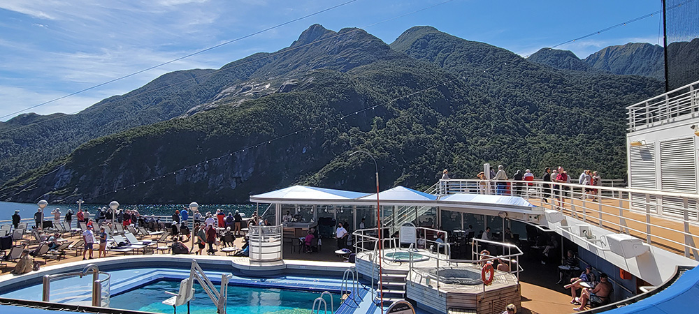 The pool deck of the ms Noordam going through Doubtful Sound, New Zealand