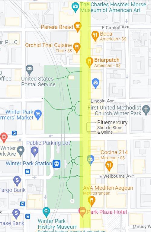 A map of N. Park Avenue in Winter Park, FL