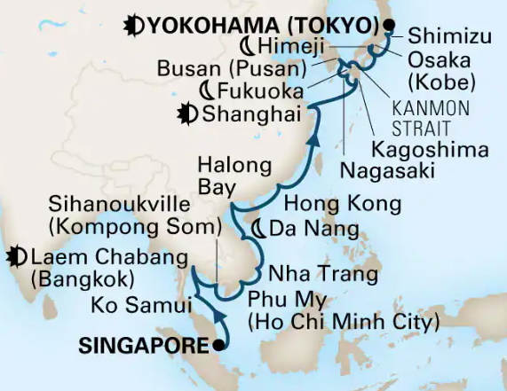 A map of a 28 day cruise starting in Singapore and ending in Tokyo.
