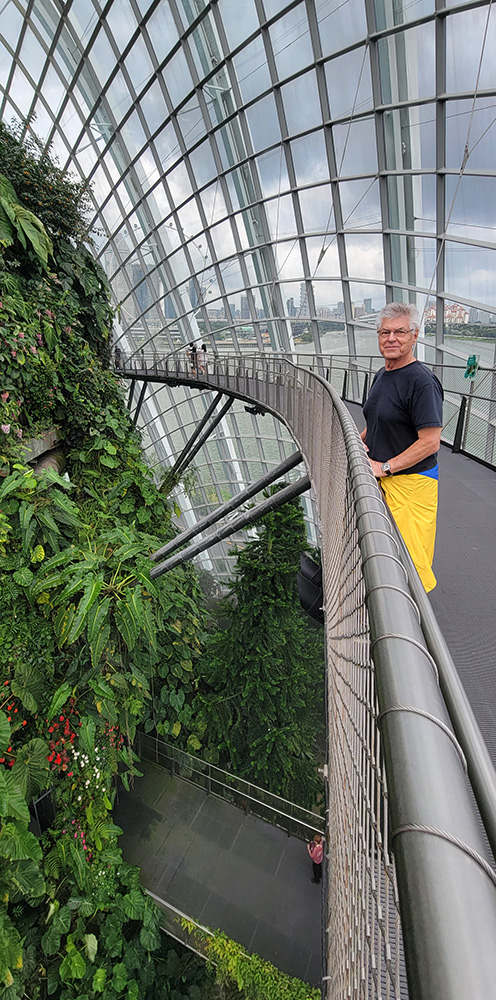 A man stands on a walkway with the Cloud Forest, Gardens by the Bay, Singapore