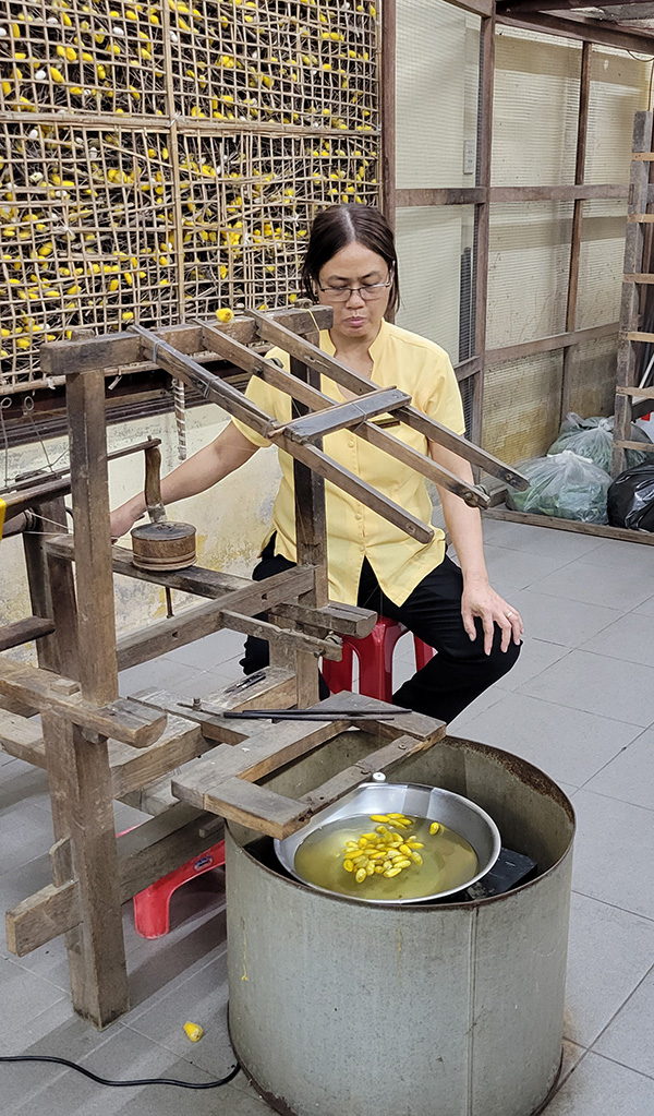A woman is operating a basic machine that pulls the silk thread from the silkworm cocoons which are floating in a tub of water.