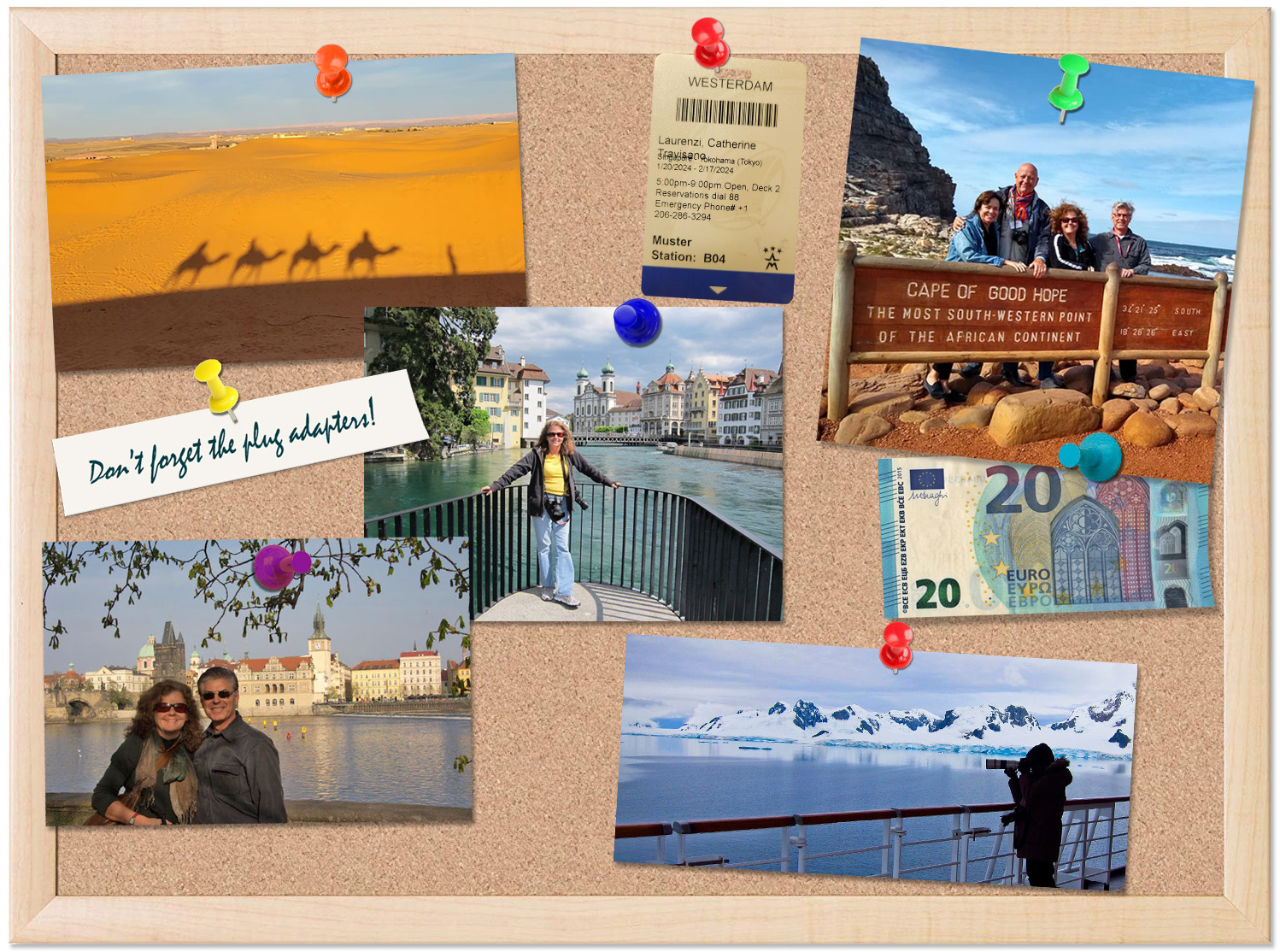 A corkboard with photos and other travel related items attached