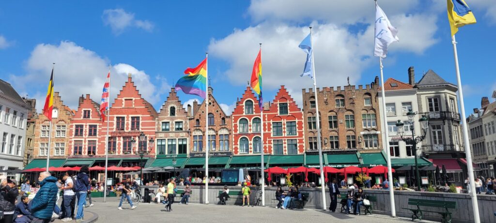 Colorful building off the main square in Bruges, Belgium.
