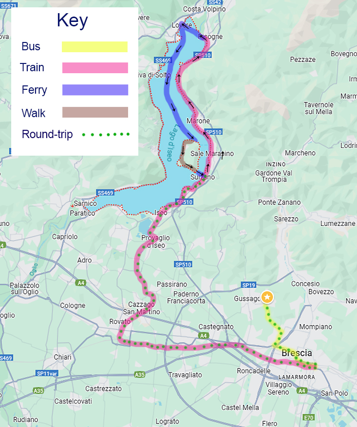A map showing a route planned from near Brescia to Lake Iseo