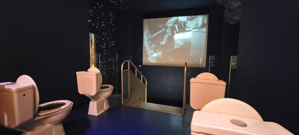 Two rows of toilets facing a small movie screen