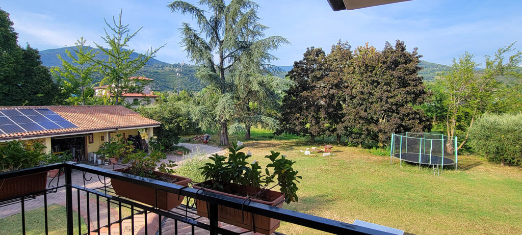 The view looking over black balcony railing is a big yard with lawn surrounded by trees, a trampoline in the distance and garages on the left.