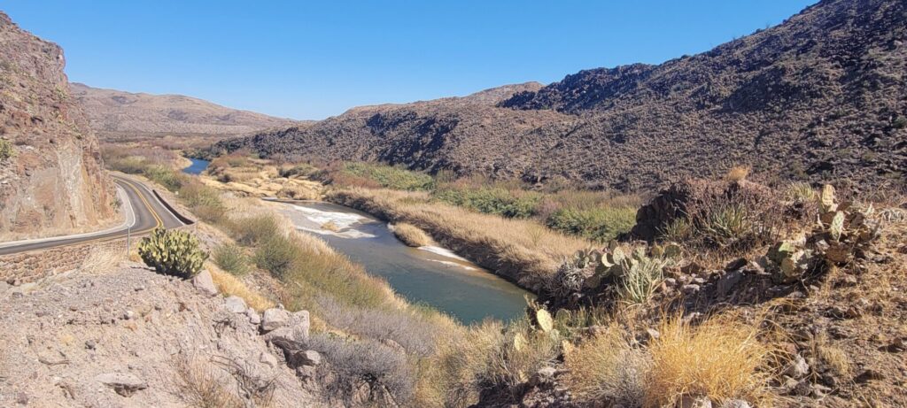 Scene of a river along a road going through Big Bend State Park, TX